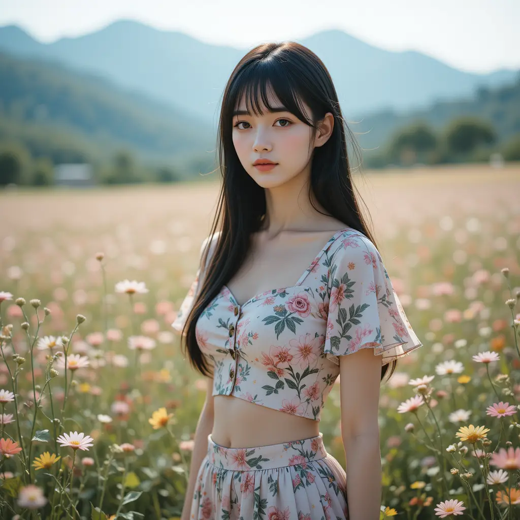 Young woman in floral outfit standing in flower field