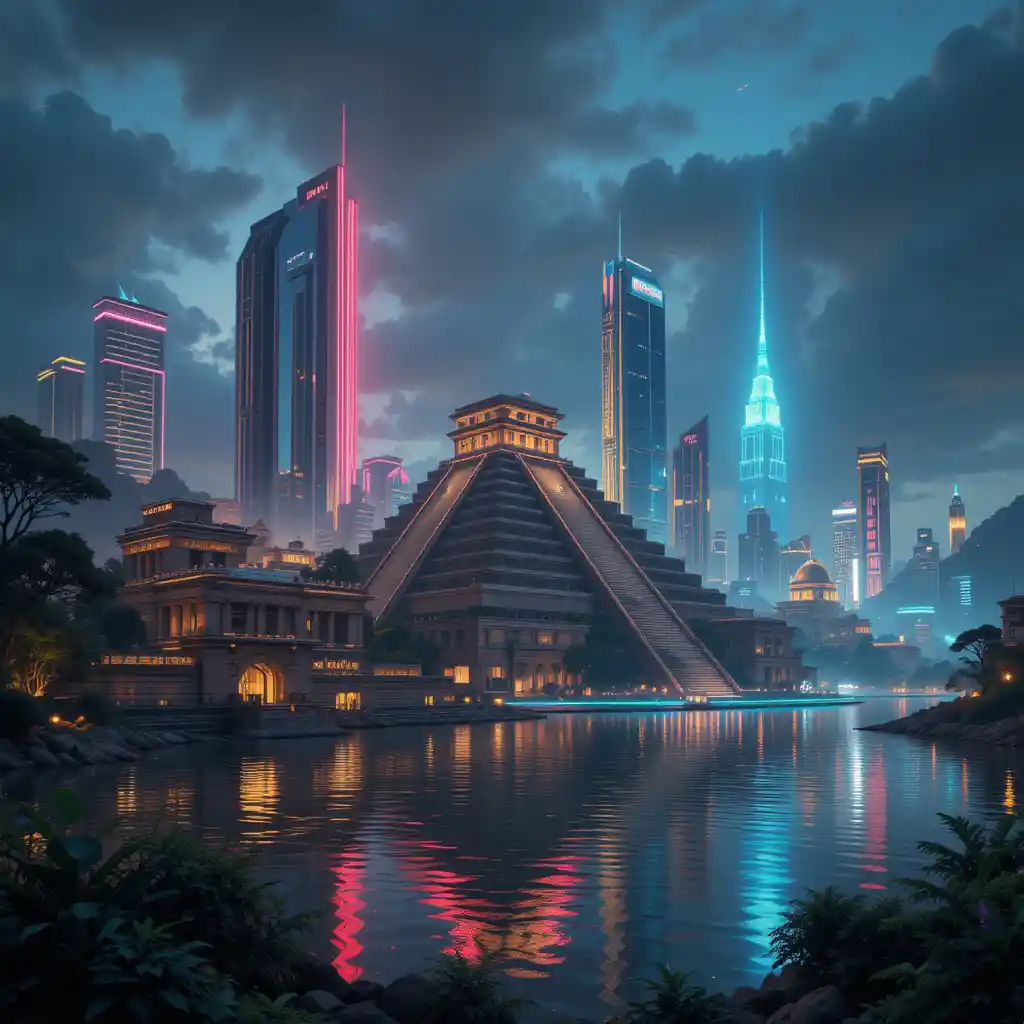 Futuristic Tenochtitlan City With Neon Skyline Reflections