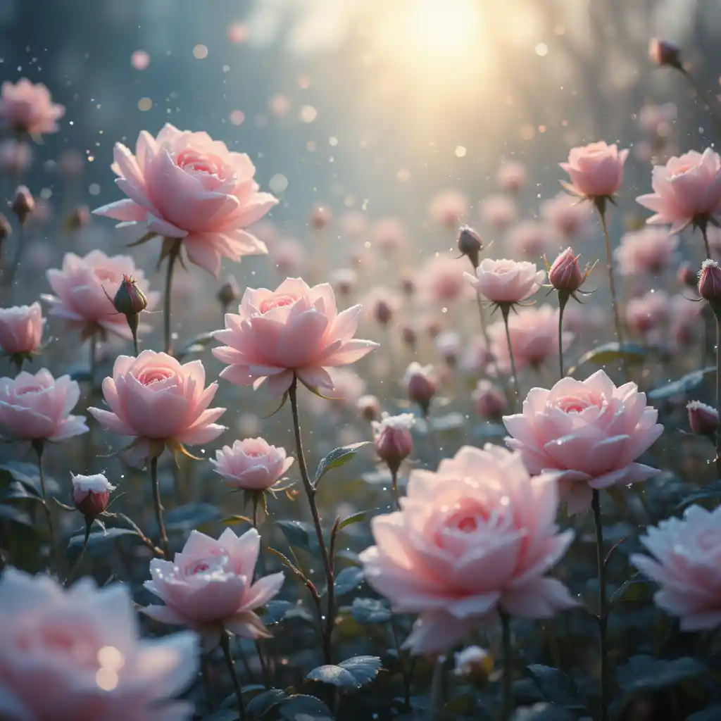 Romantic flowers glowing softly in a dreamy meadow