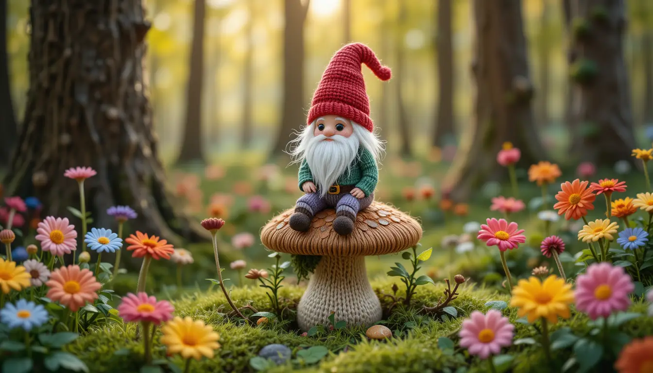 Knitted gnome sitting on mushroom in fairy forest