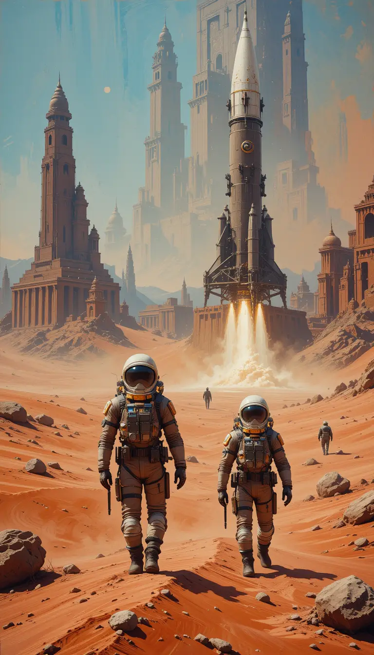 Impressionist vision of astronauts exploring the red Martian dunes