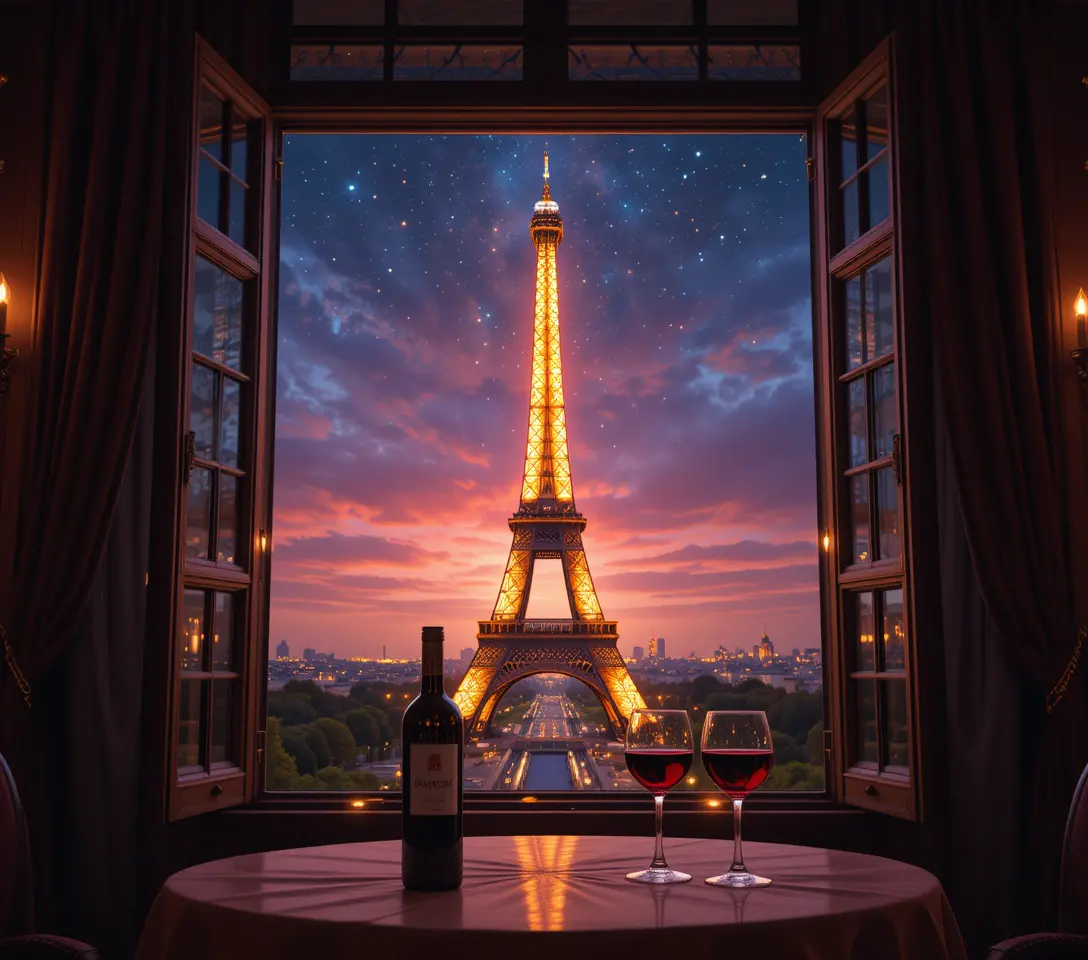 Romantic Paris living room with Eiffel Tower night view