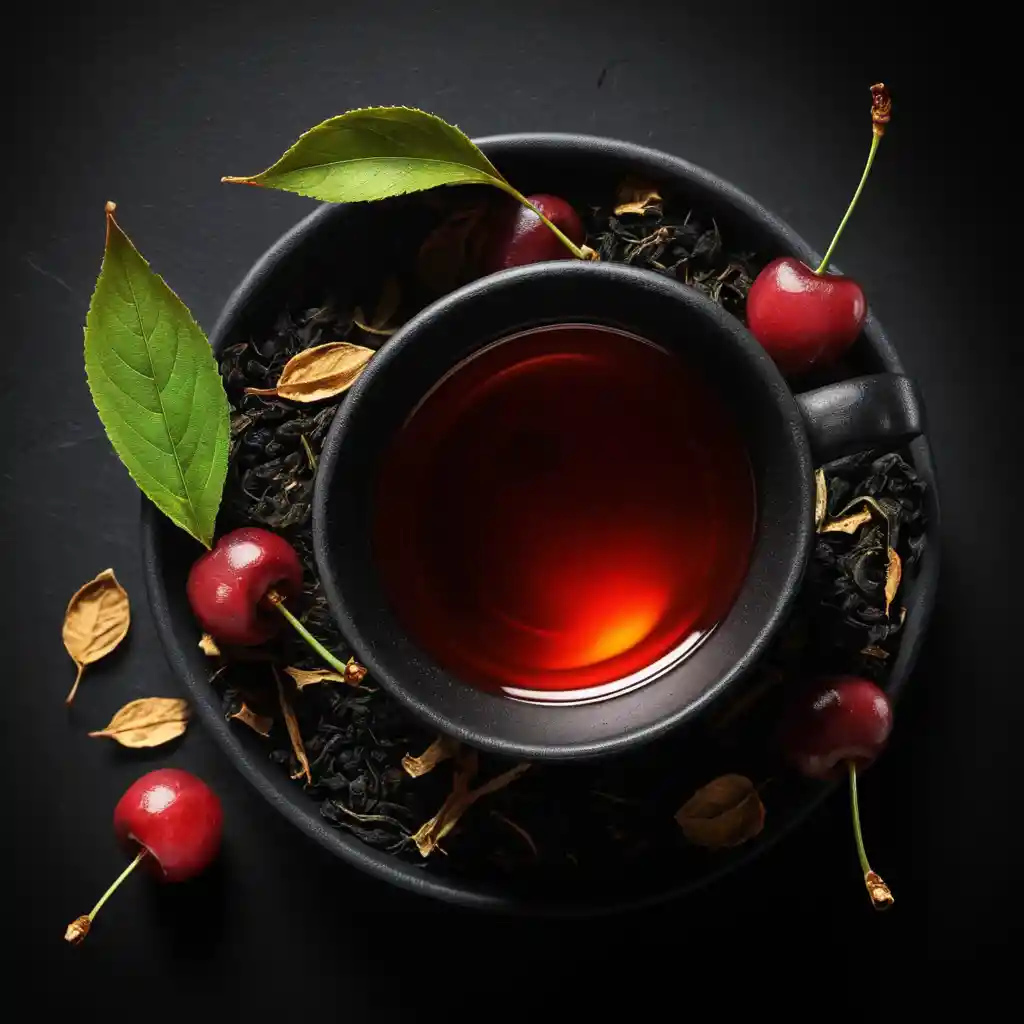 Black tea cup with cherries on dark abstract background