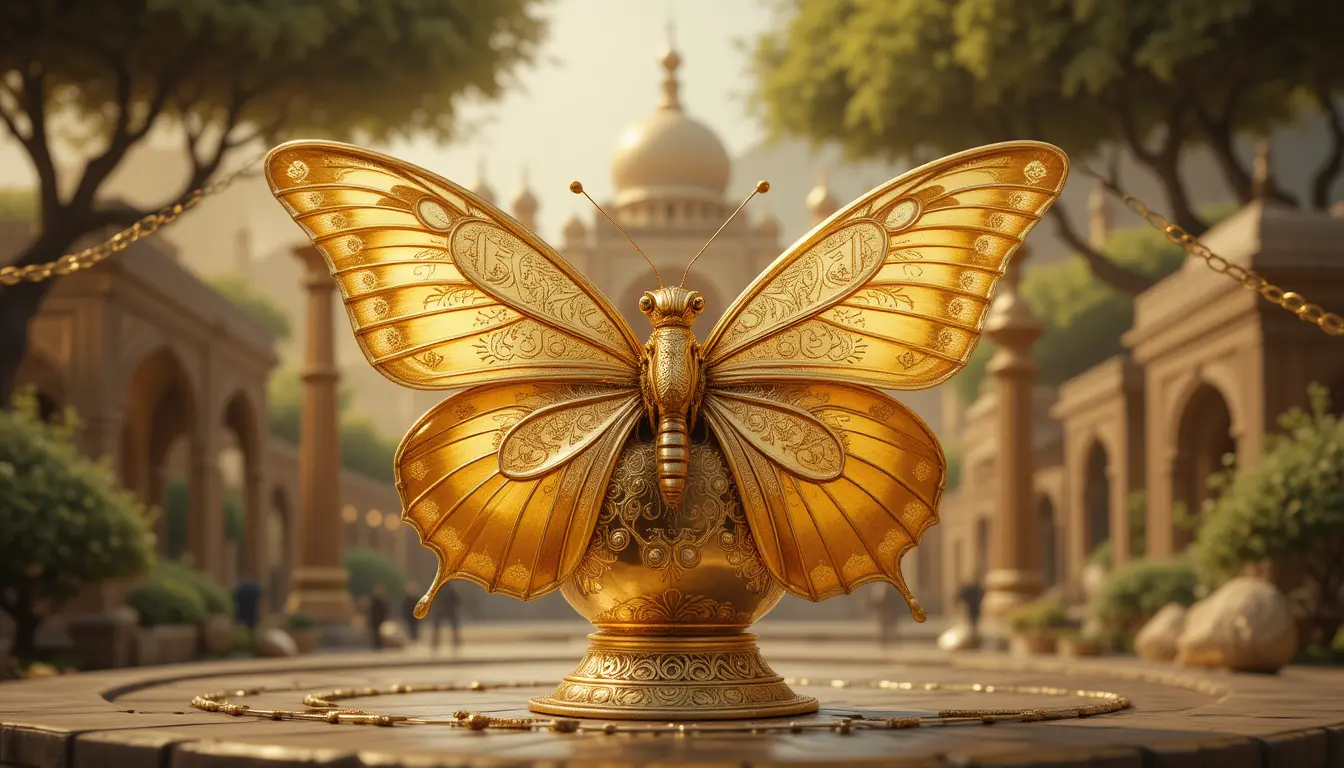 Golden butterfly with bracelet before ornate arabic cup