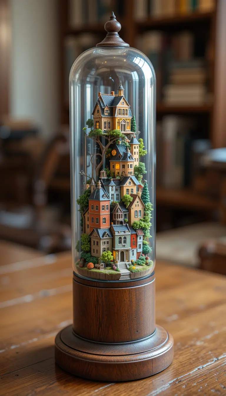 Antique vacuum tube with tiny colorful town on oak desk