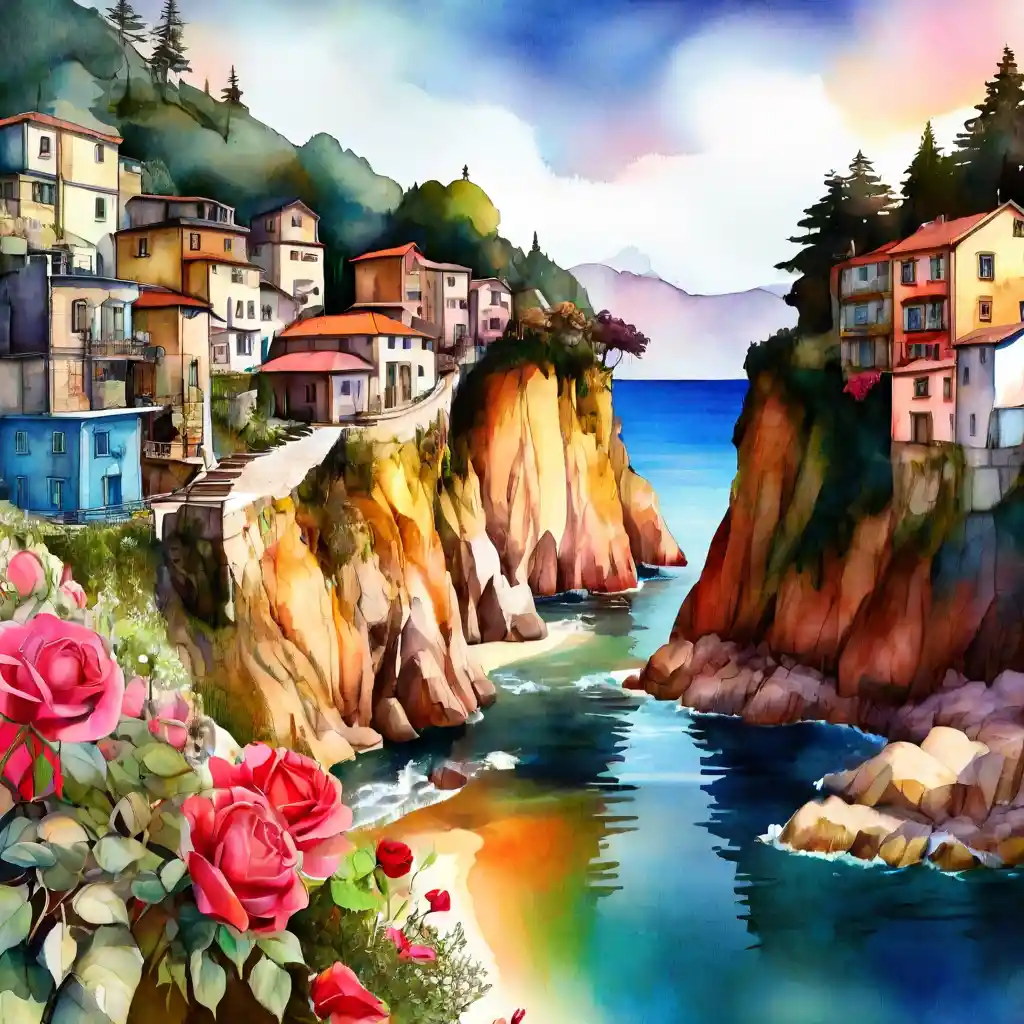 Ruhige Küstenstadt mit Rosen in fantasievoller Aquarell-Tinte