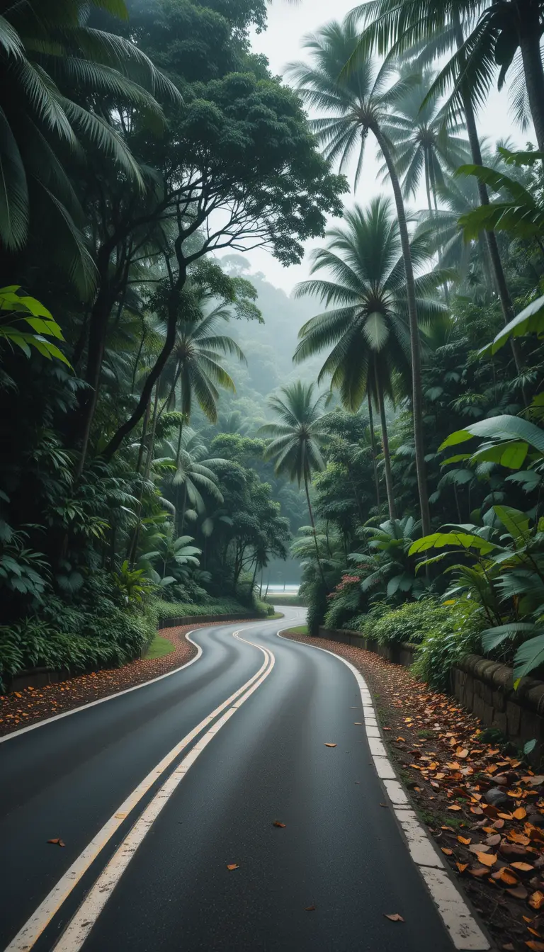 Winding tropical forest road under soft overcast light