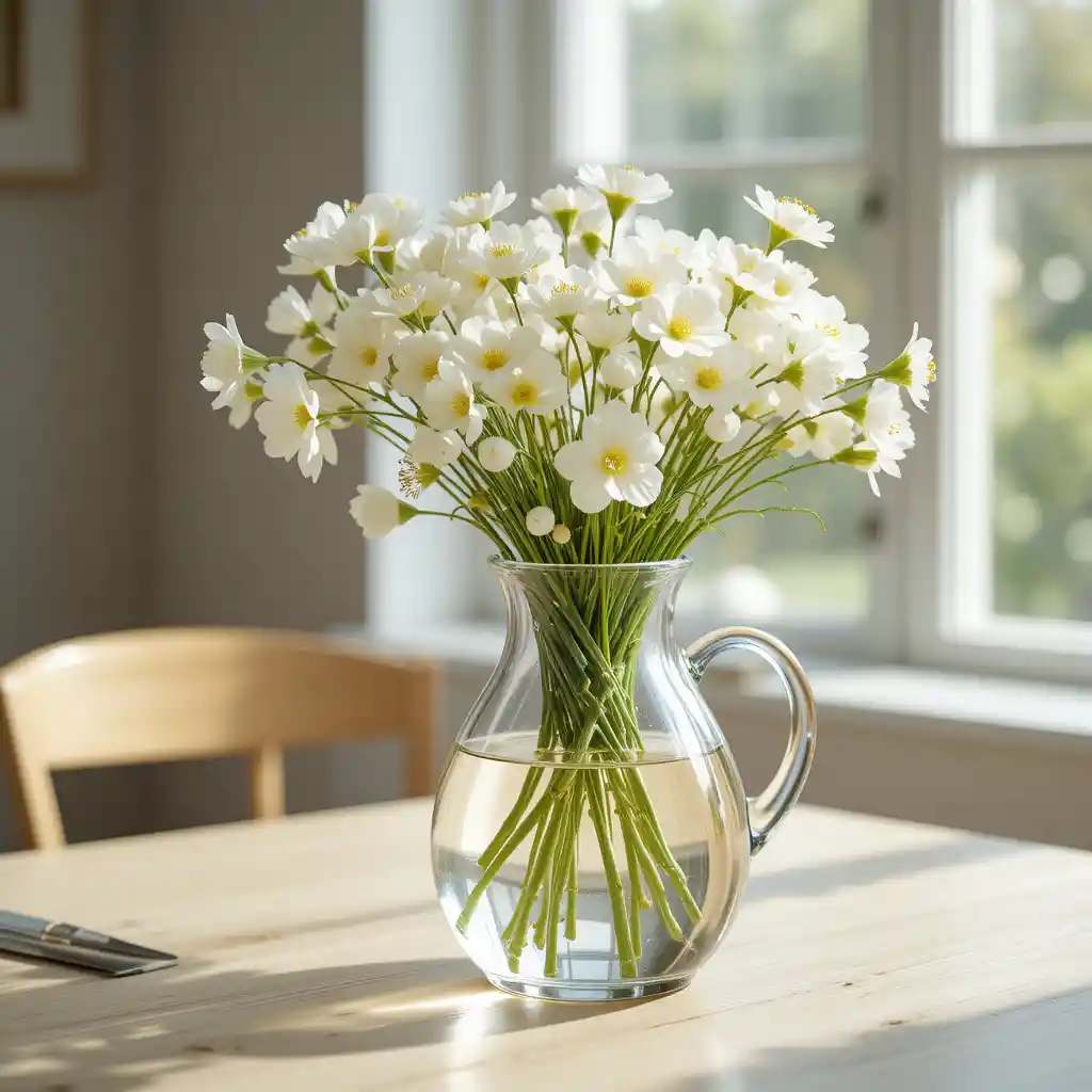 Clear glass pitcher with white flowers on wooden table