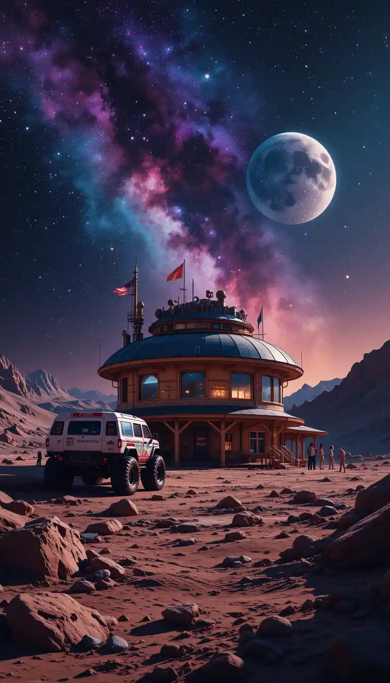 Small lunar outpost with rover under vivid colored light