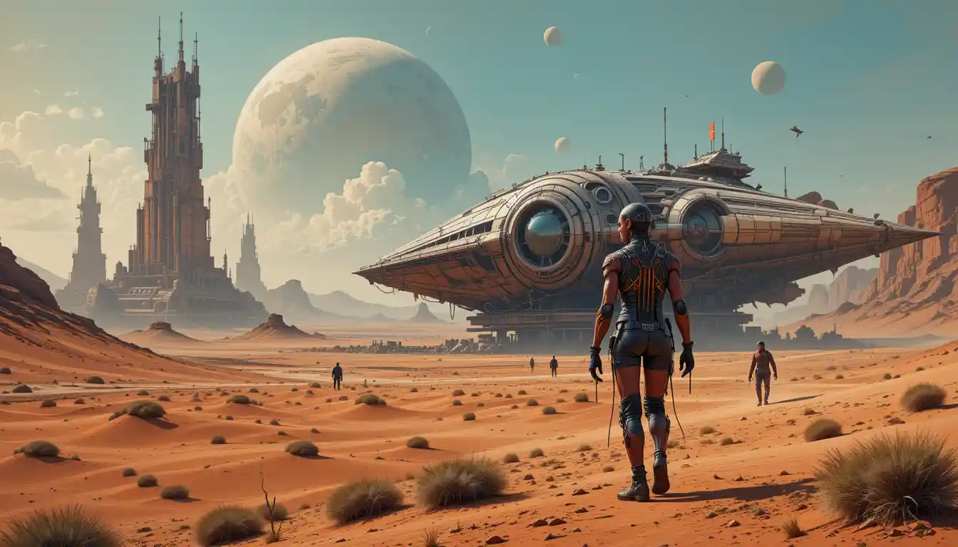 Impressionist Android Exploring Mars Red Dunes