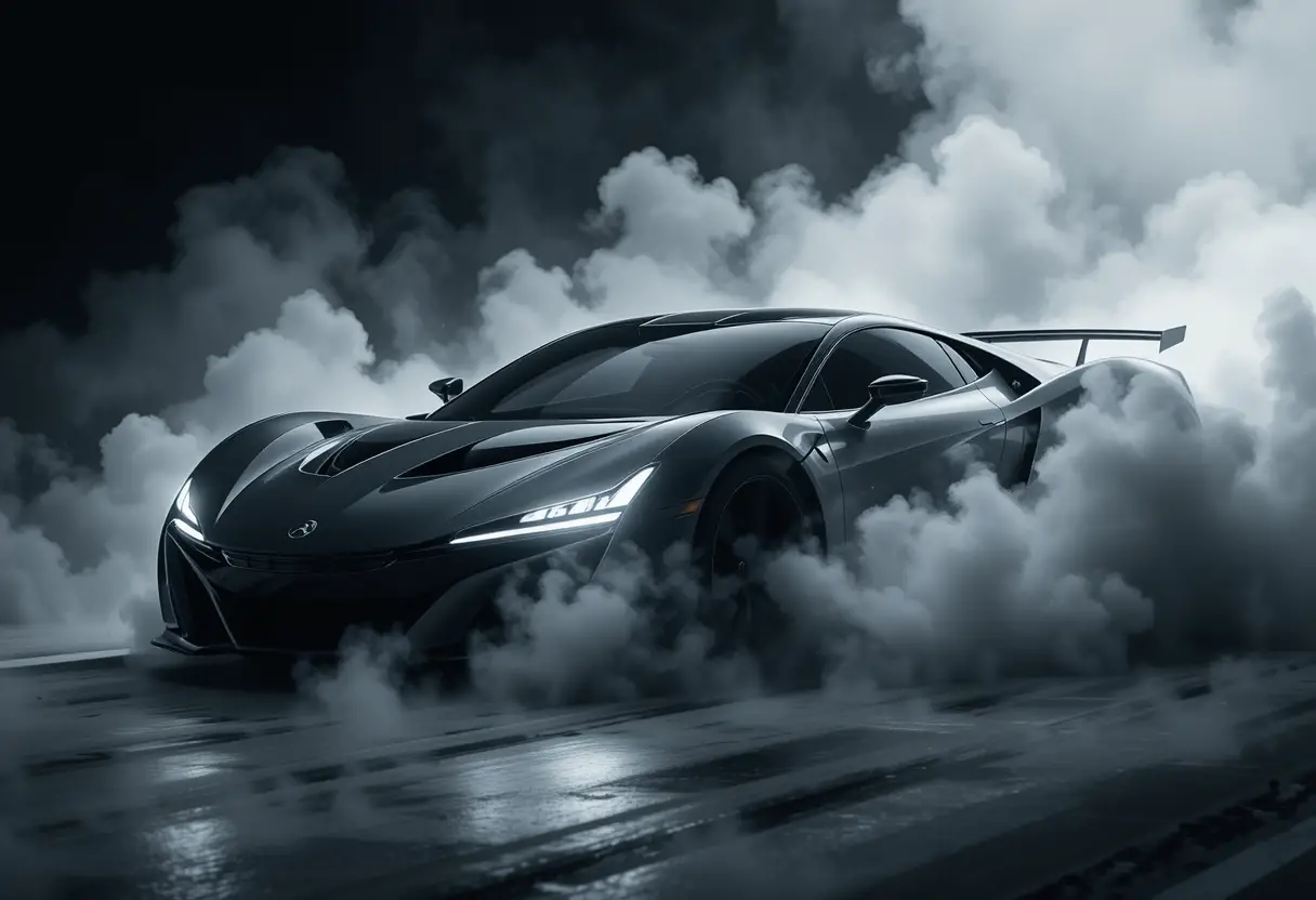 Futuristic sports car racing through smoke and dust