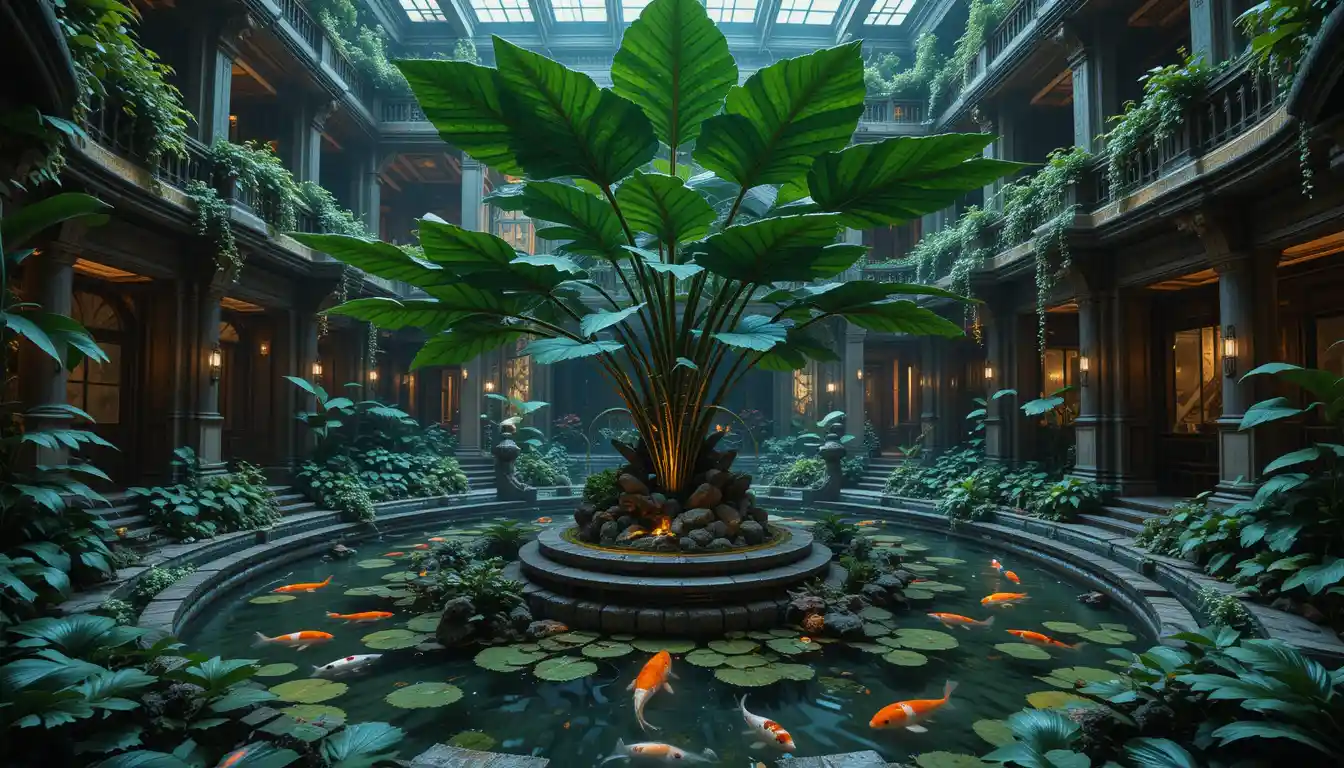 Luxurious indoor courtyard with koi ponds and lush plant