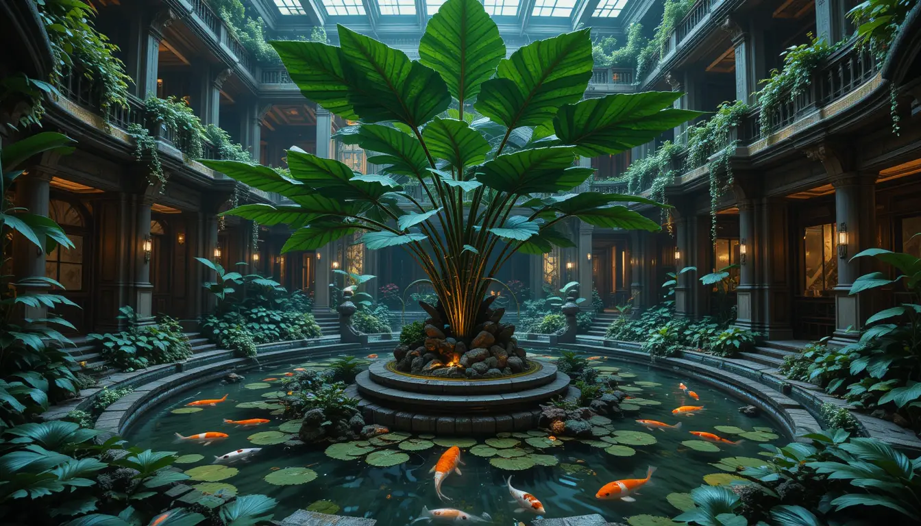 Luxurious indoor courtyard with koi ponds and lush plant