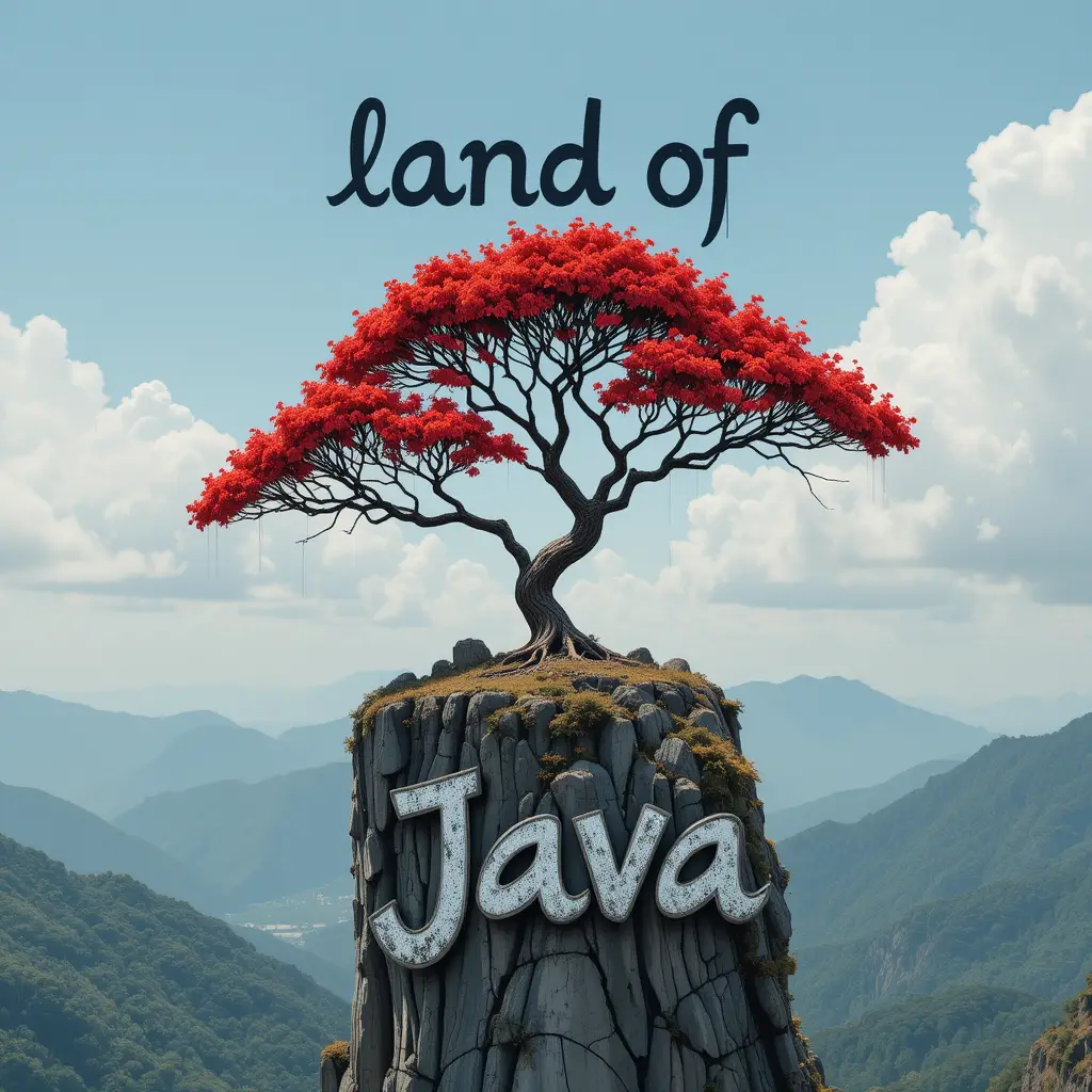 Red solitary tree on a cliff with graffiti text art