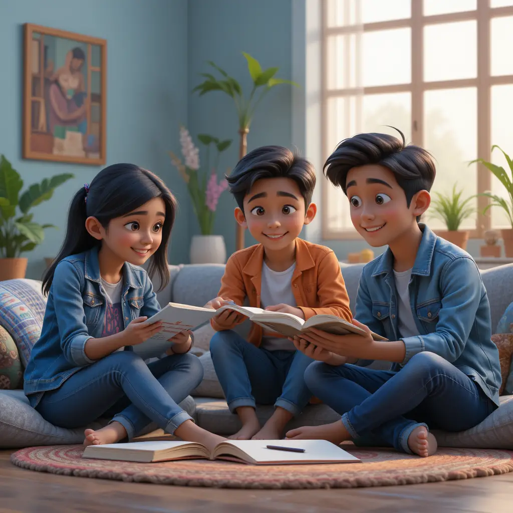 3d indian students studying together in a cozy library