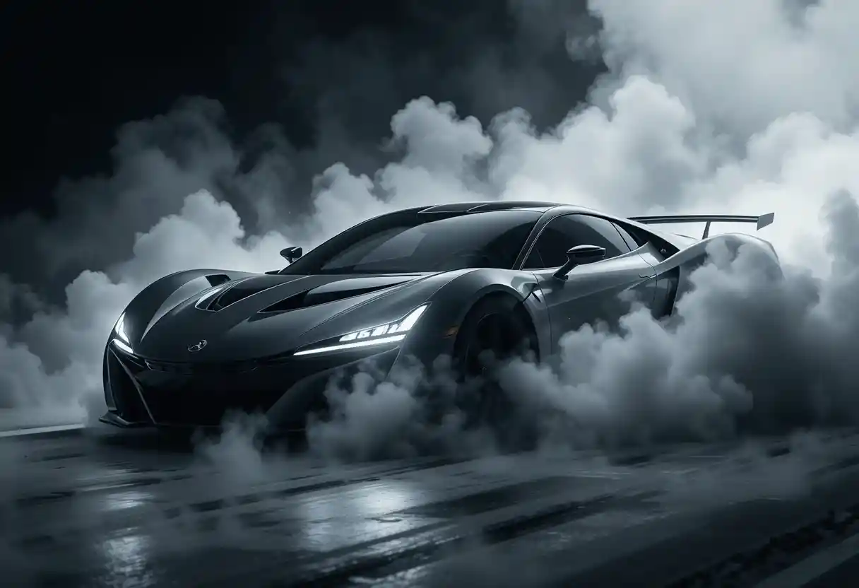 Futuristic sports car racing through smoke and dust
