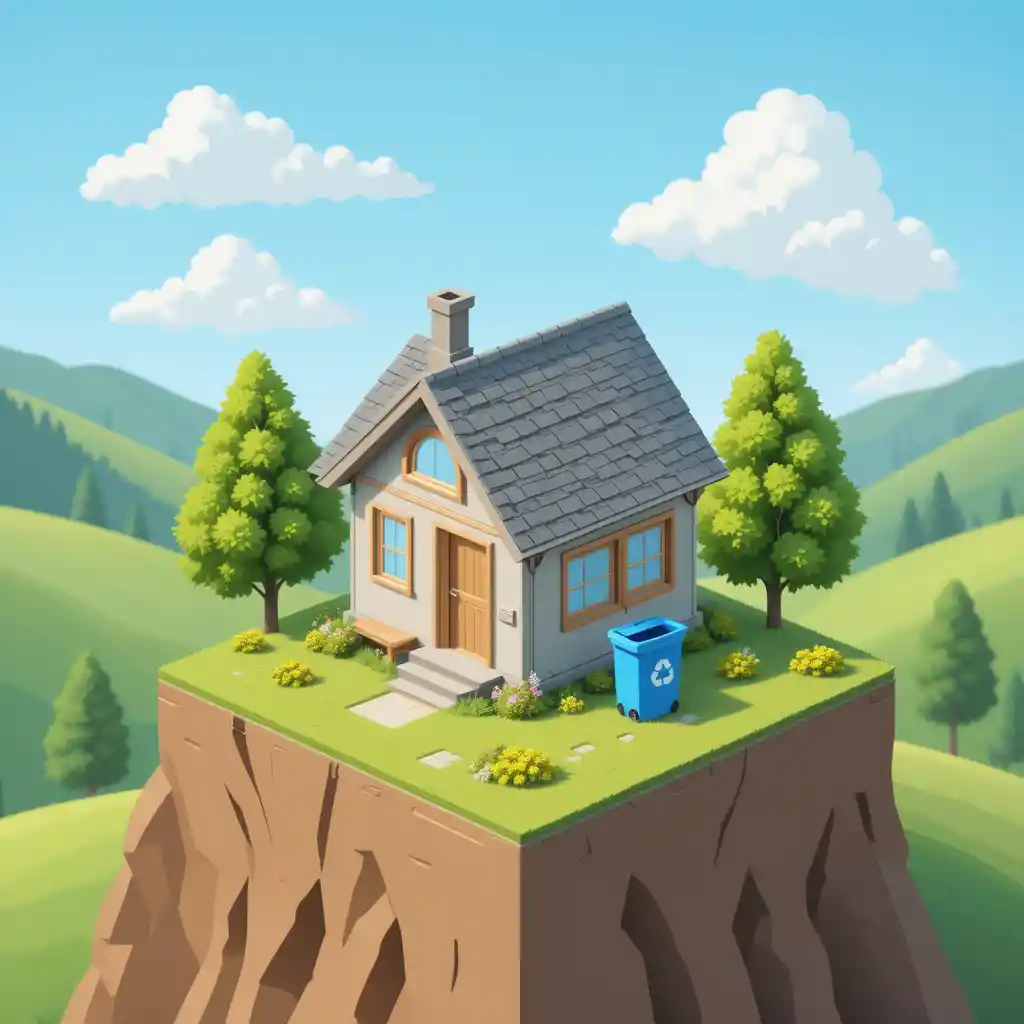 Isometric house on platform with recycling bin in nature