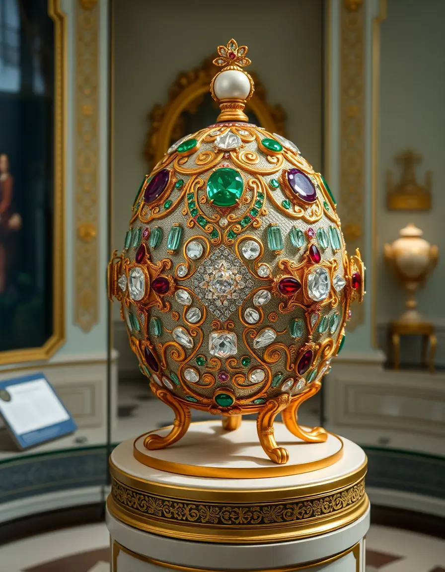Opulent jeweled egg on pedestal in exhibition hall