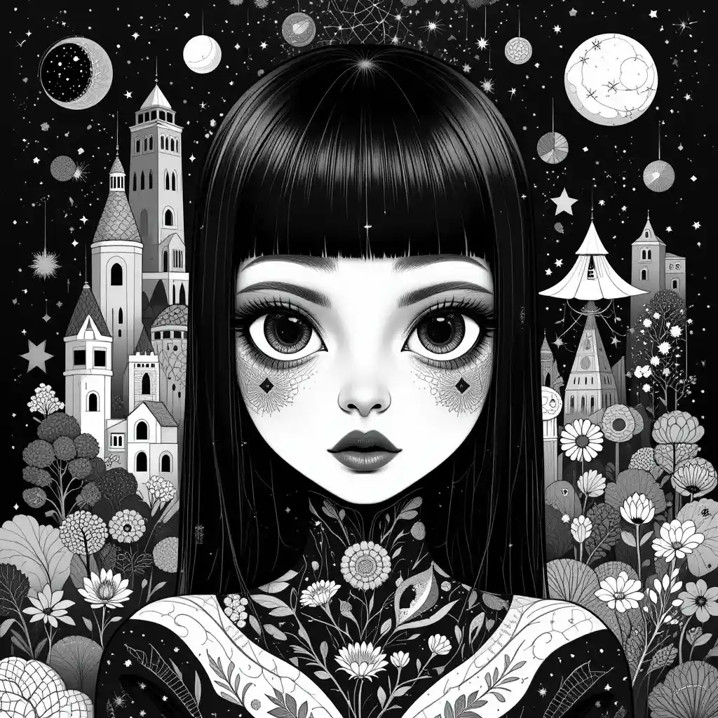 Dreamlike anime woman amid surreal celestial cityscape