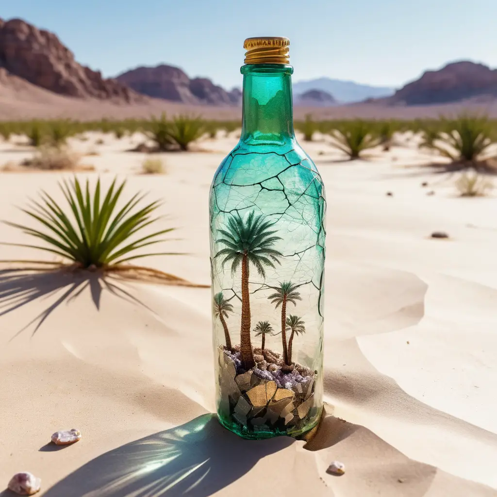 Cracked plastic bottle as surreal oasis in the desert