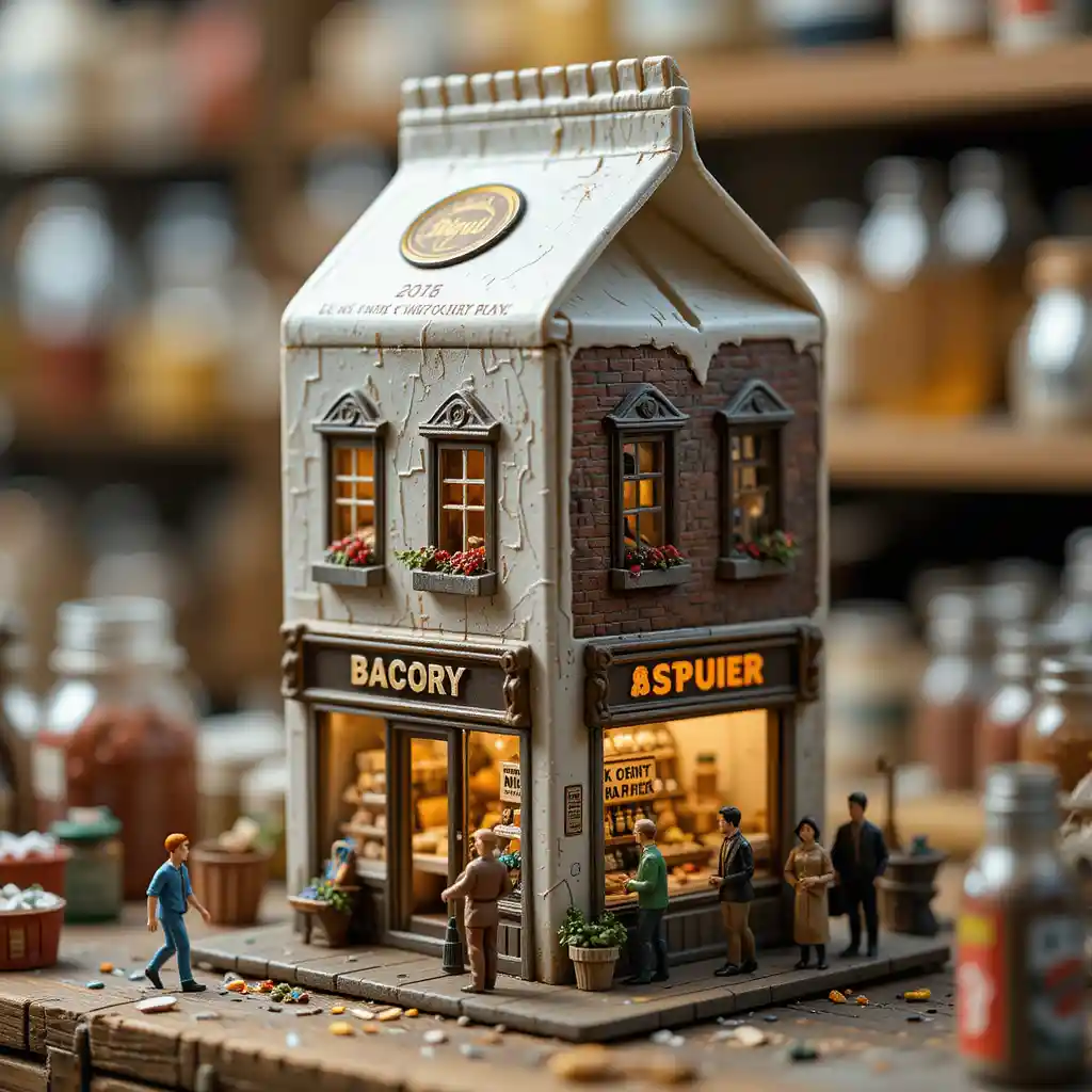 Miniature Milk Carton Grocery Store Diorama With Tiny Shoppers