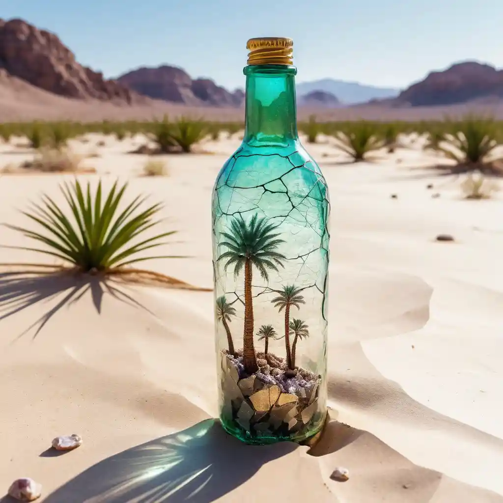 Cracked plastic bottle as surreal oasis in the desert