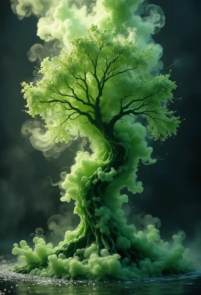 Surreal tree formed from swirling water and green mist