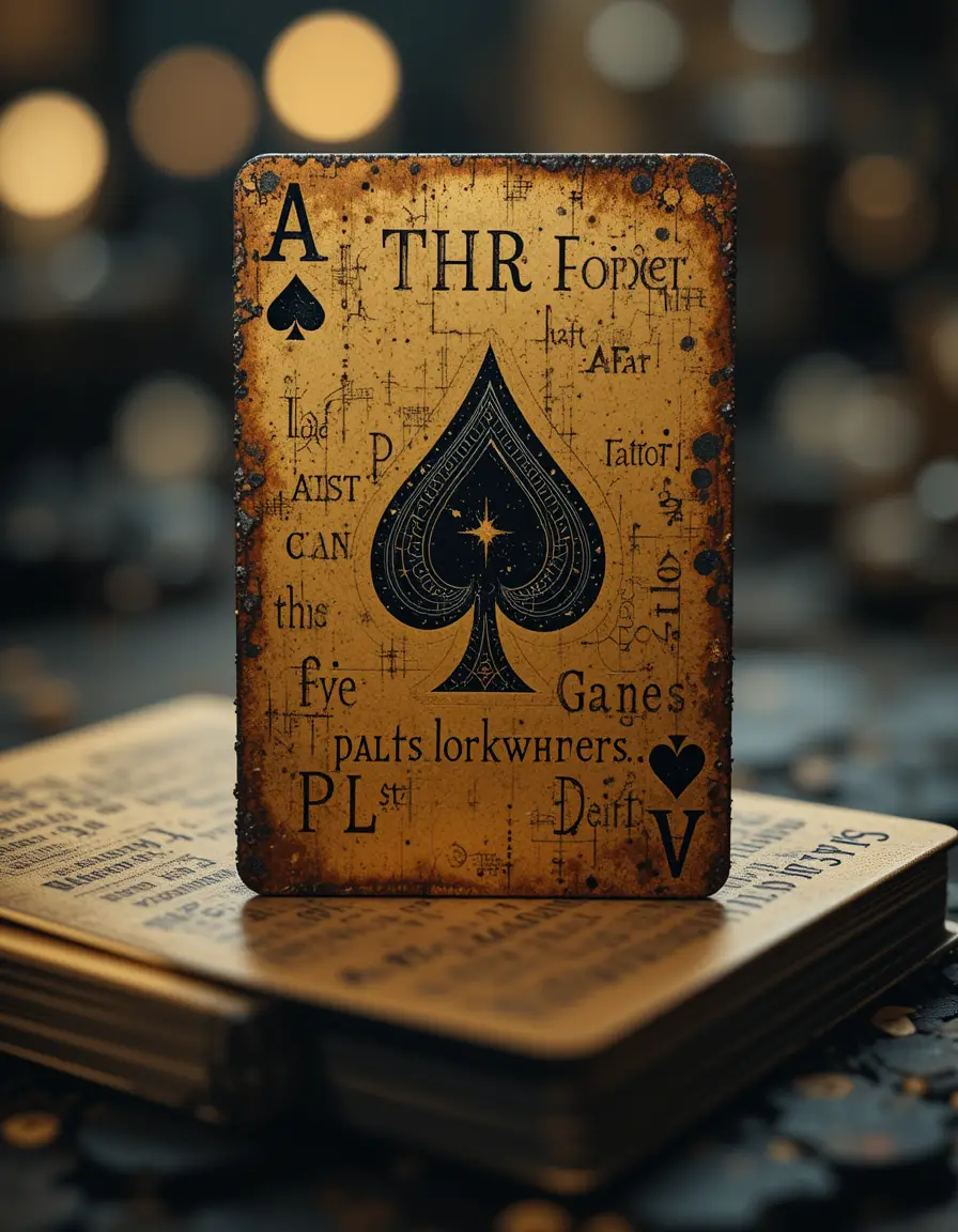 Weathered ace card on golden deck with gothic bokeh