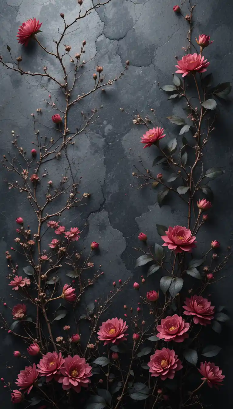 Dark floral wallpaper with dried leaves and twisted shrubs