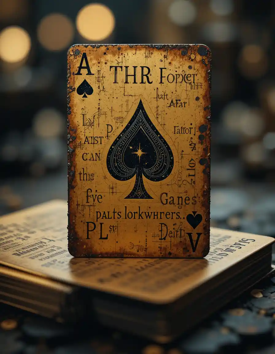 Weathered ace card on golden deck with gothic bokeh
