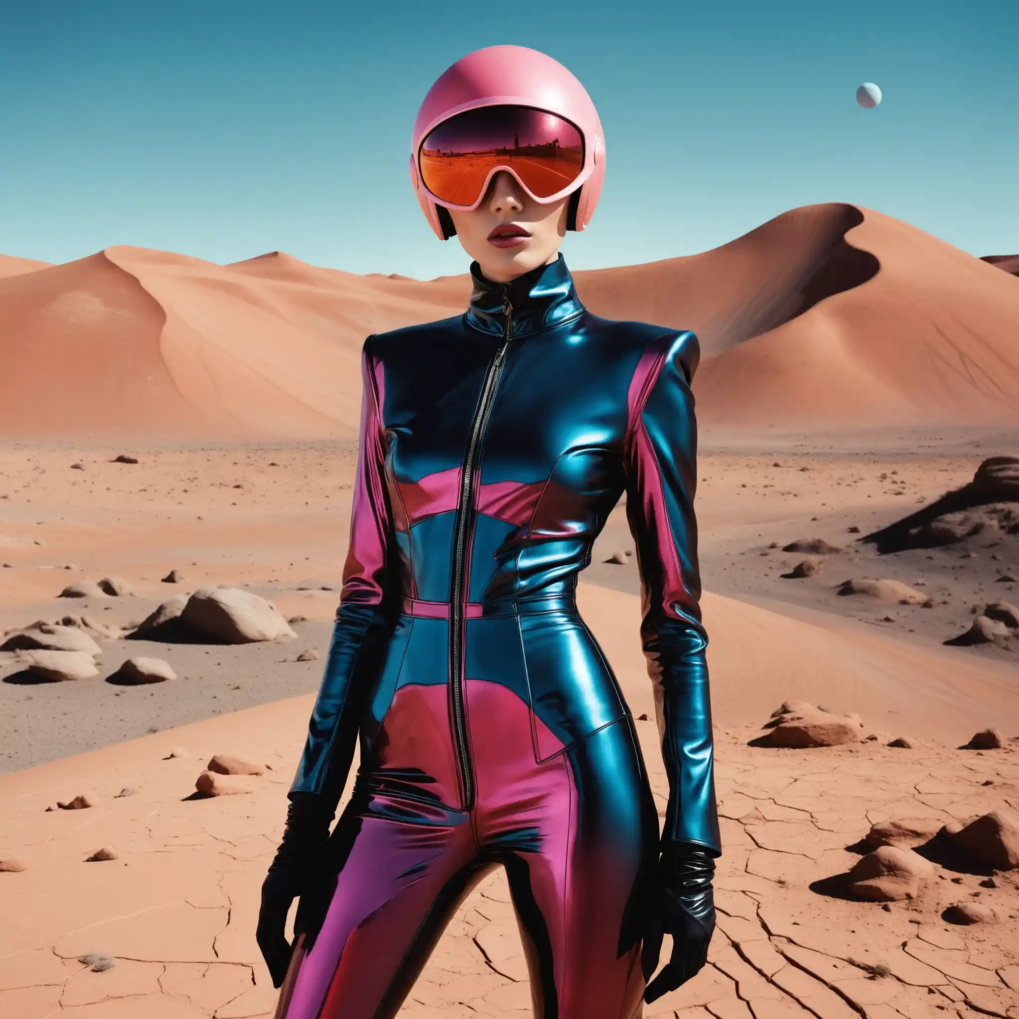 Fashion photographer and model in futuristic martian city