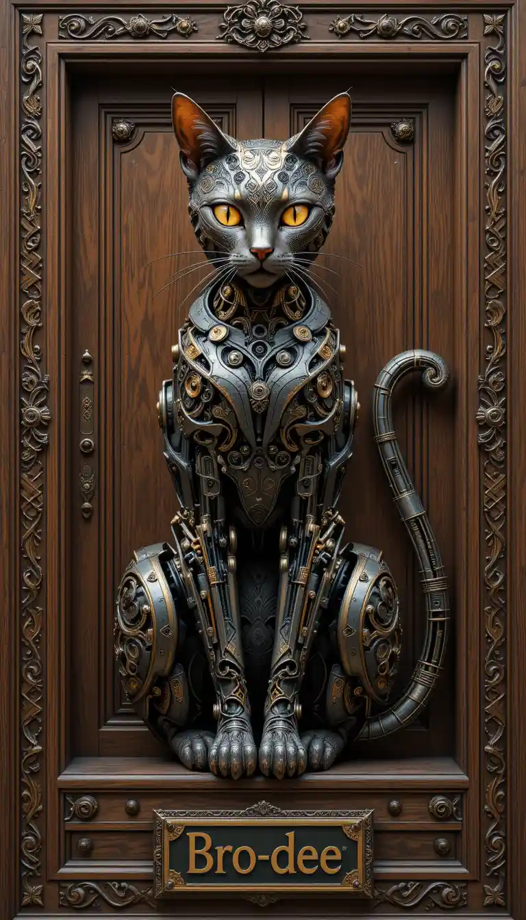 Mechanical cat before ornate wooden house doorway illustration