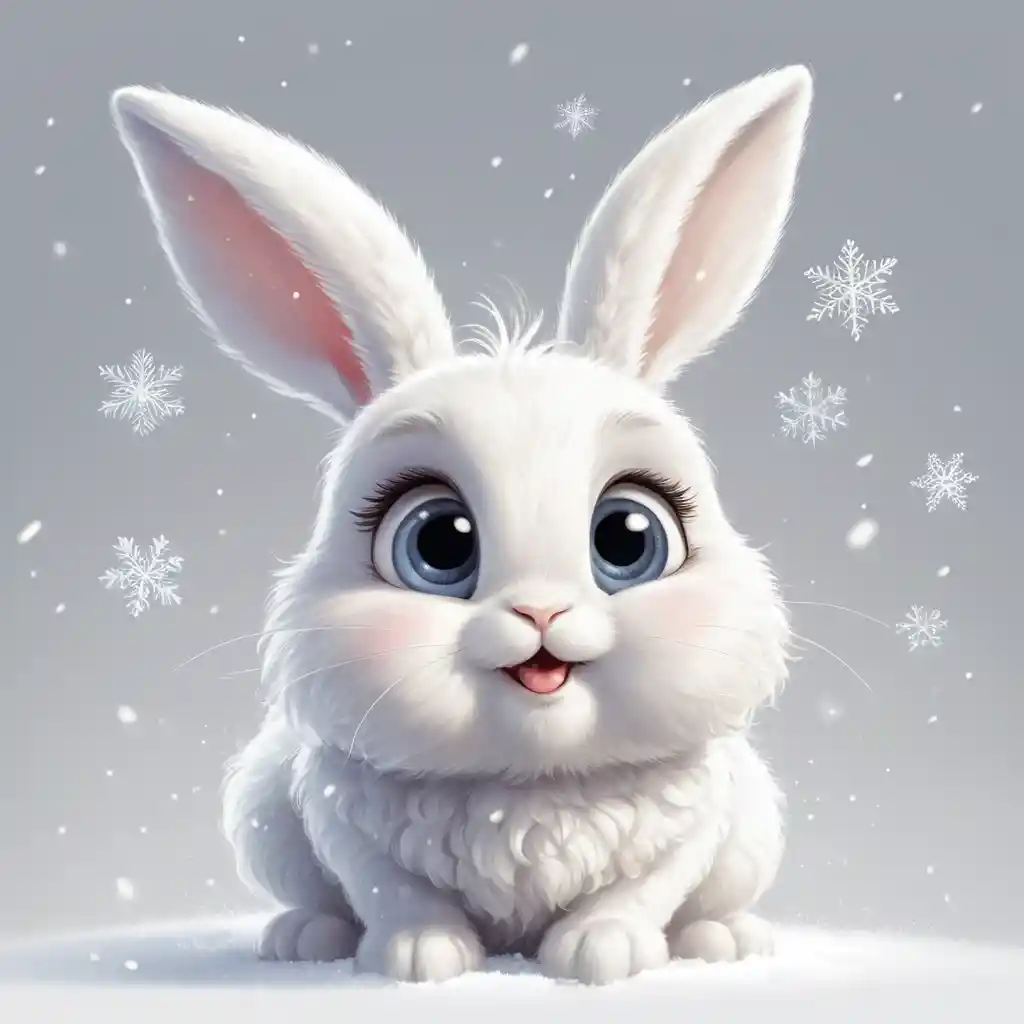 Dolce coniglietto cartoon che afferra i fiocchi di neve che cadono in inverno