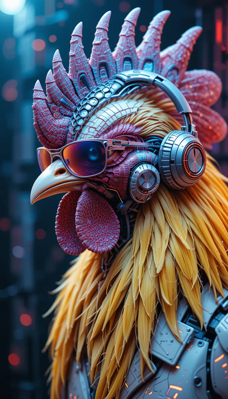 Futuristic Robotic Chicken Portrait With Vibrant Plumage