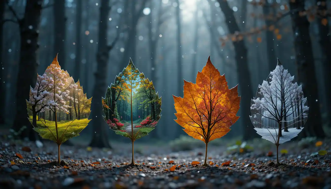 Mystical Forest With Four Seasonal Leaves In Soft Light