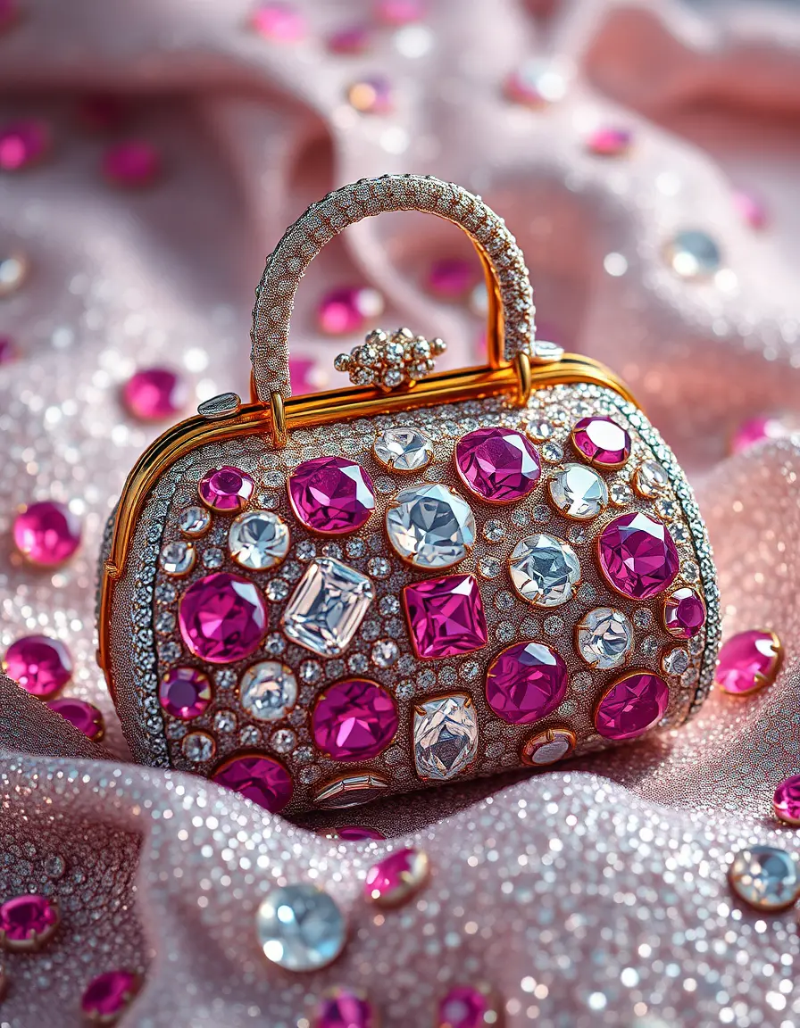 Bolso surrealista de diamante con radiantes gemas rosas