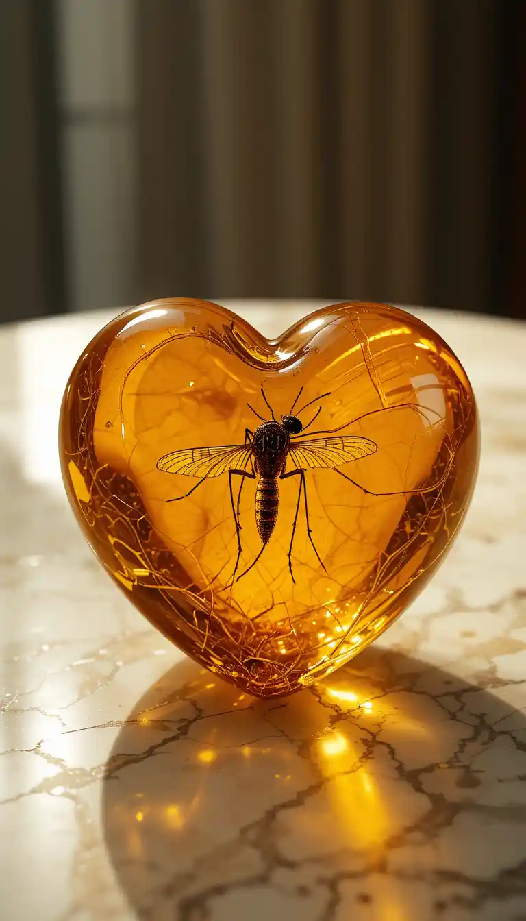 Heart shaped amber with mosquito on marble tabletop