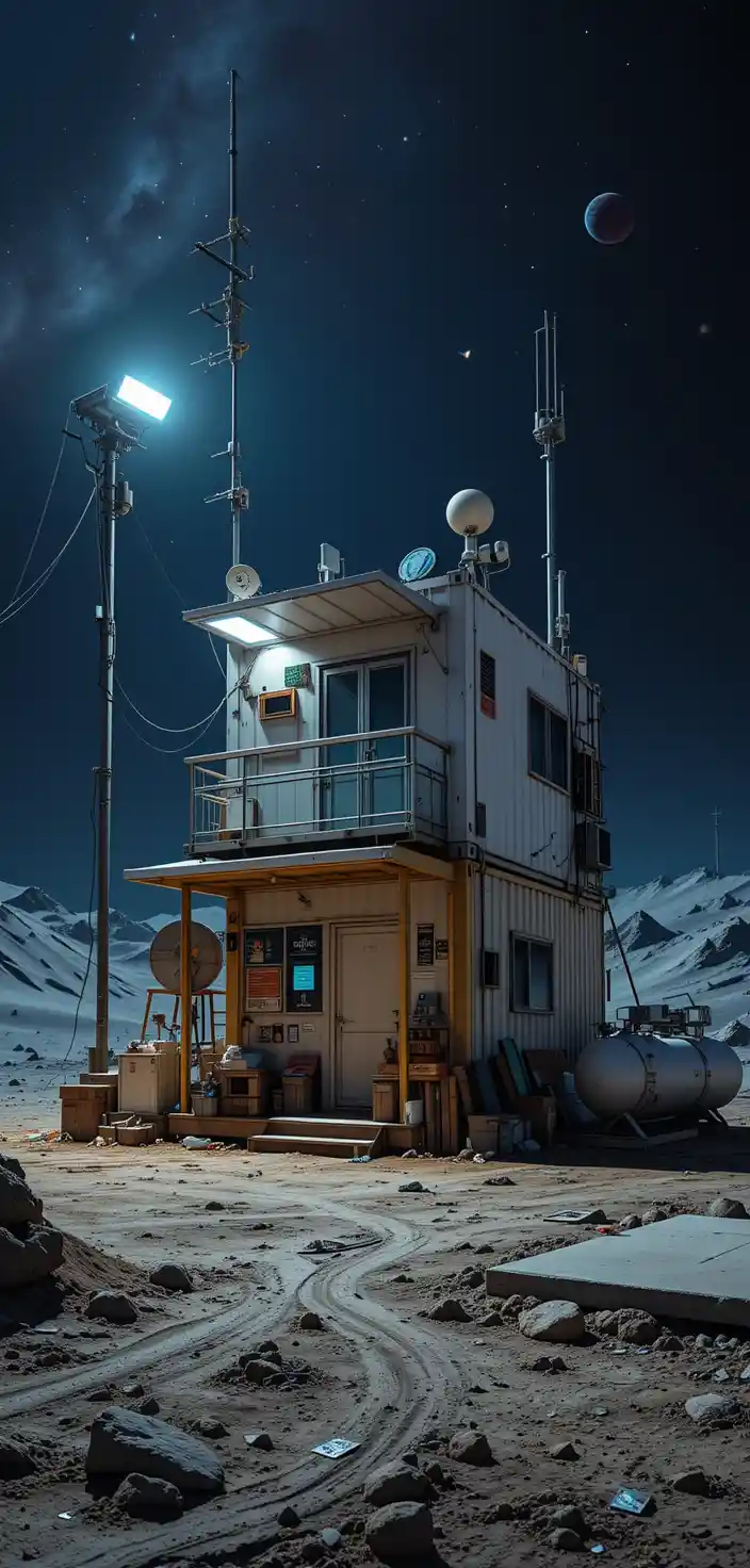 Two story lunar outpost with antennas and porchlight