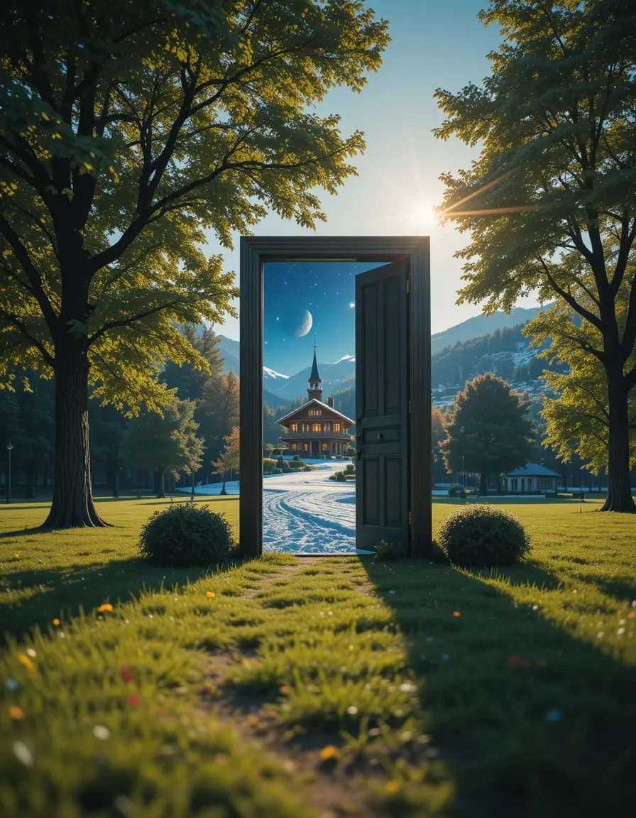 Sunny suburban park with a surreal portal doorway