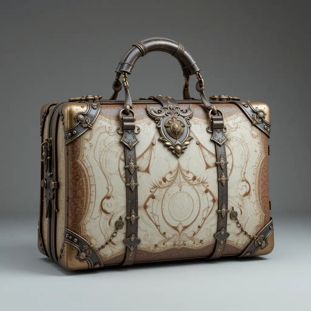 Bolso y maleta vintage con detalles metálicos ornamentados
