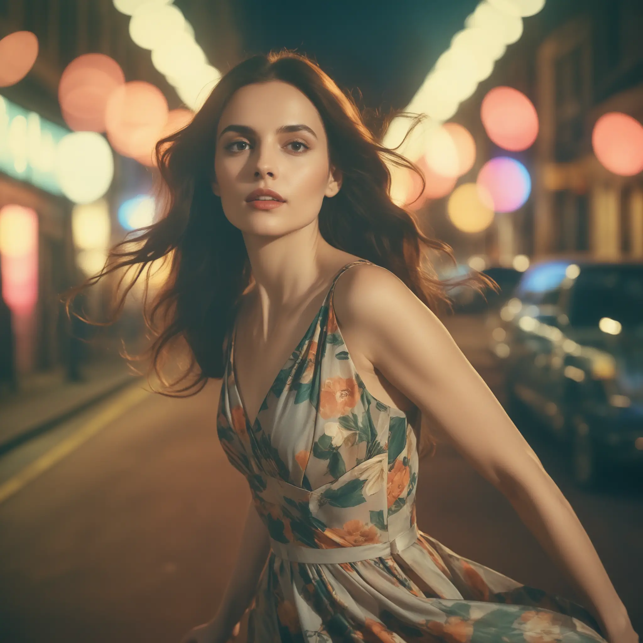 Cinematic portrait of a woman with bokeh night lights