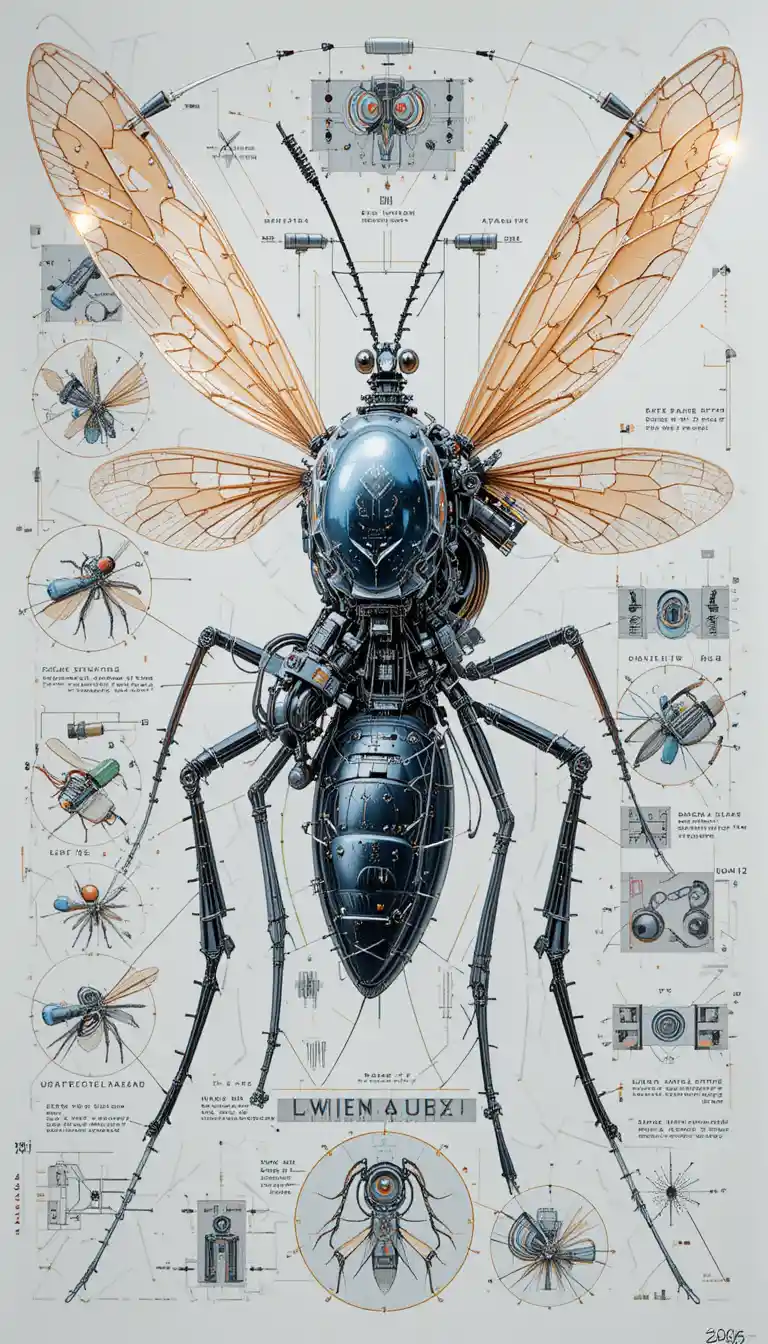 Technical illustration of a futuristic mechanical mosquito design