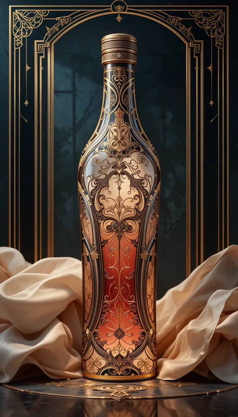 Futuristic luxury bottle in ornate digital illustration