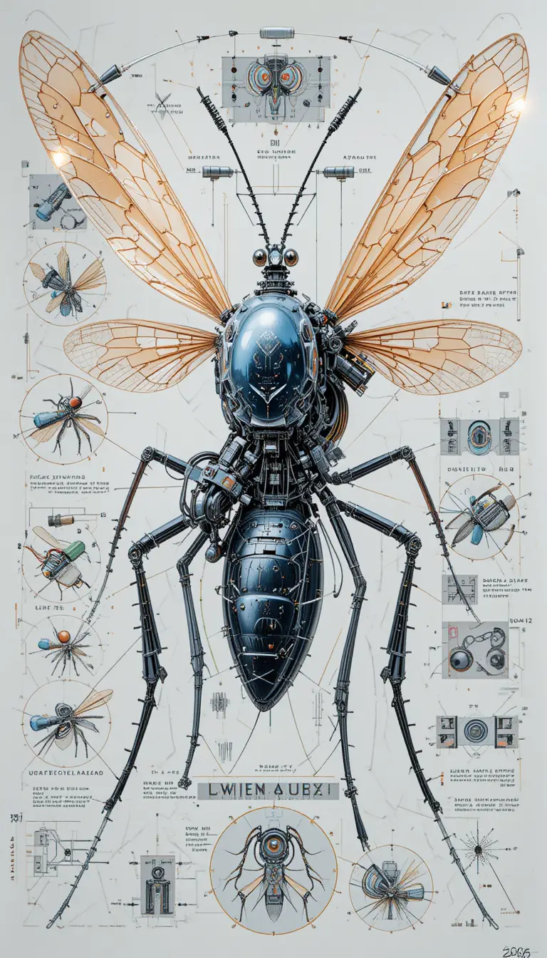 Technical illustration of a futuristic mechanical mosquito design