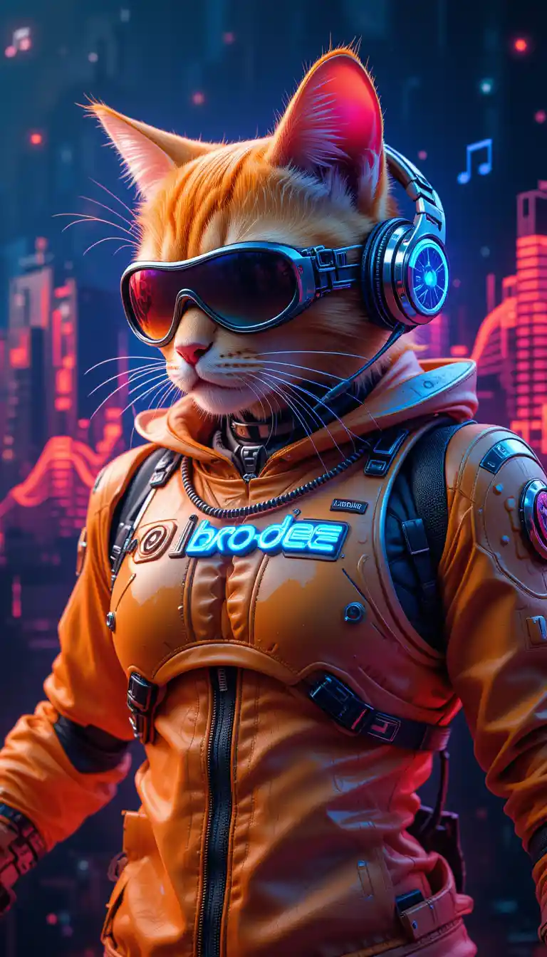 Futuristic Robotic Orange Cat Dancing With Neon Equalizer