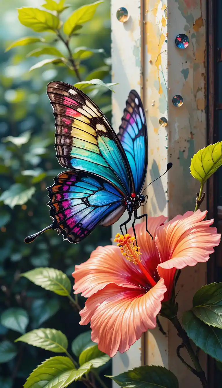 Colorful butterfly on hibiscus flower in garden corner