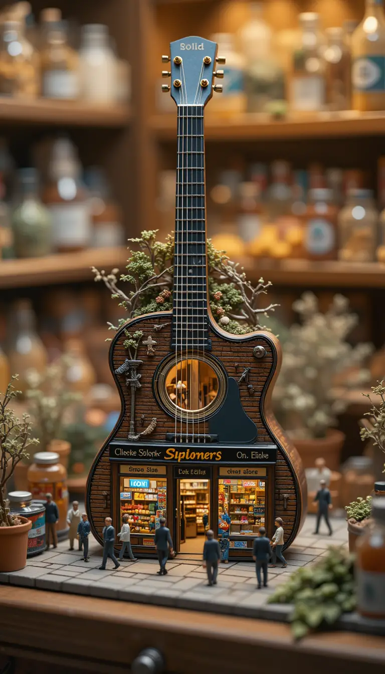 Miniature guitar grocery store diorama with tiny shoppers