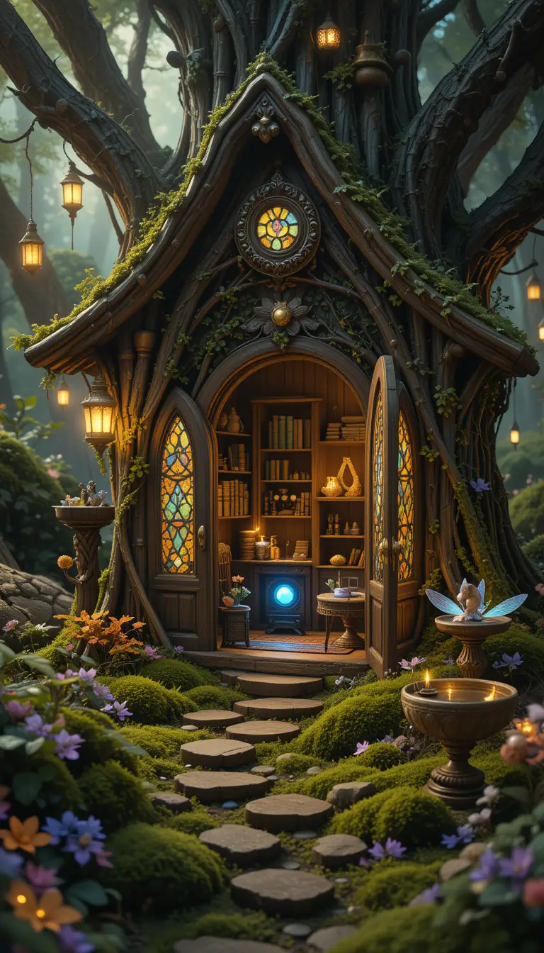 Enchanted Treehouse Door In A Glowing Fairy Forest