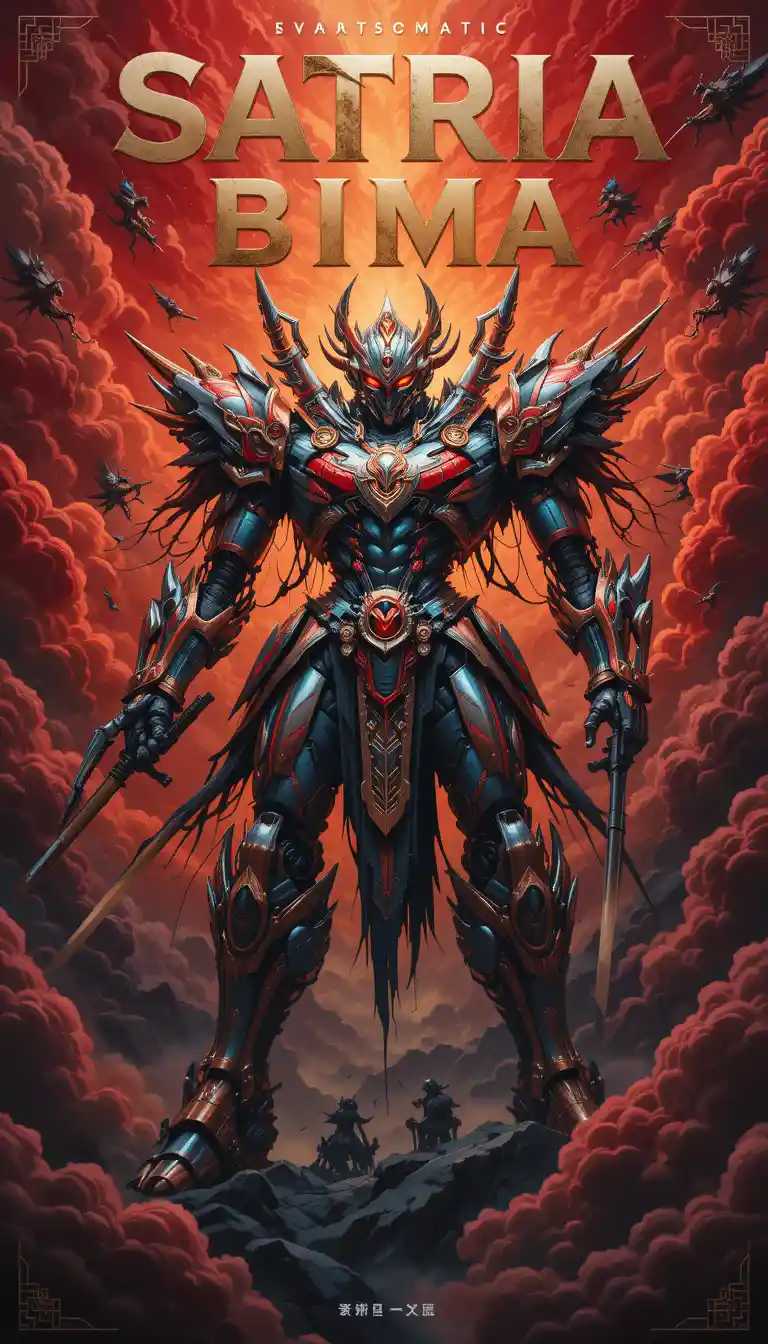 Javanese hero transforming into intricate mecha in red clouds