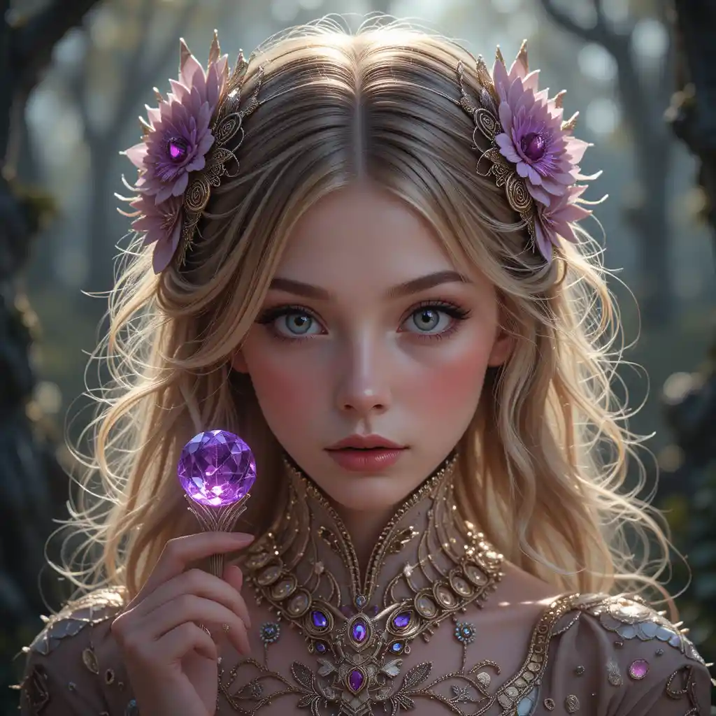 Beautiful girl holding a single purple gemstone
